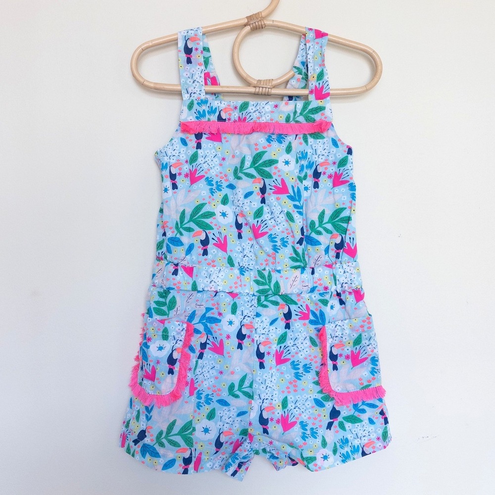 Boden Romper Blue Tropical Toucan Floral Fringe Trim Kids Size 2-3 Years